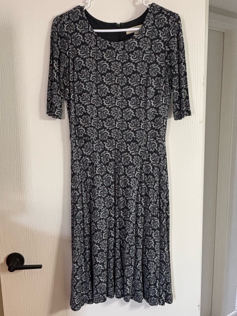 LOFT Black and White Printed Midi Fit-and-Flare Dress
